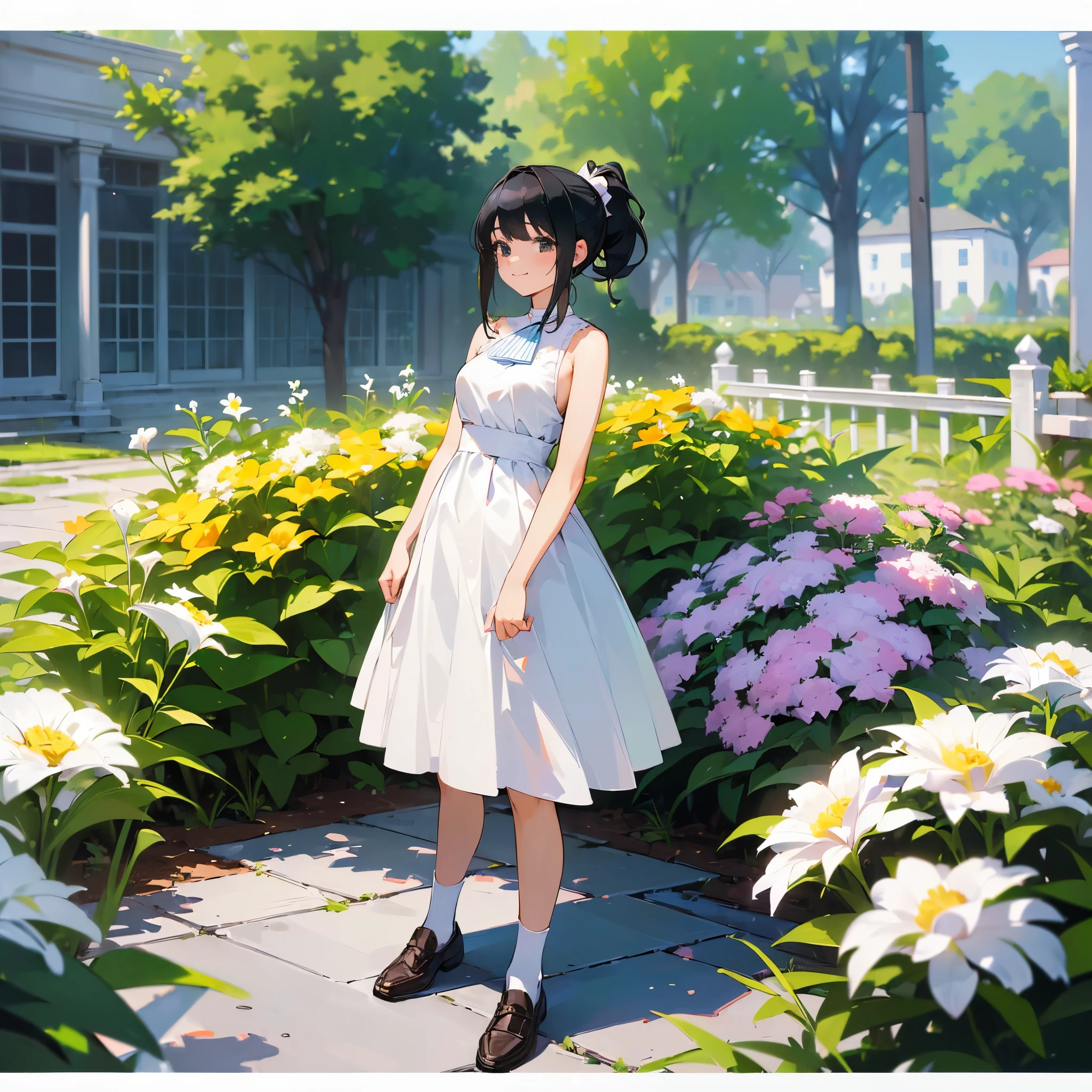 (high quality, High resolution, Very detailed, reality:1.37), Peaceful atmosphere, (Outdoor, garden), Teenage girl standing alone, (my breasts are big.), Beautiful details, Cute Smile, (Black hair ponytail), White sleeveless dress, White socks, loafers.