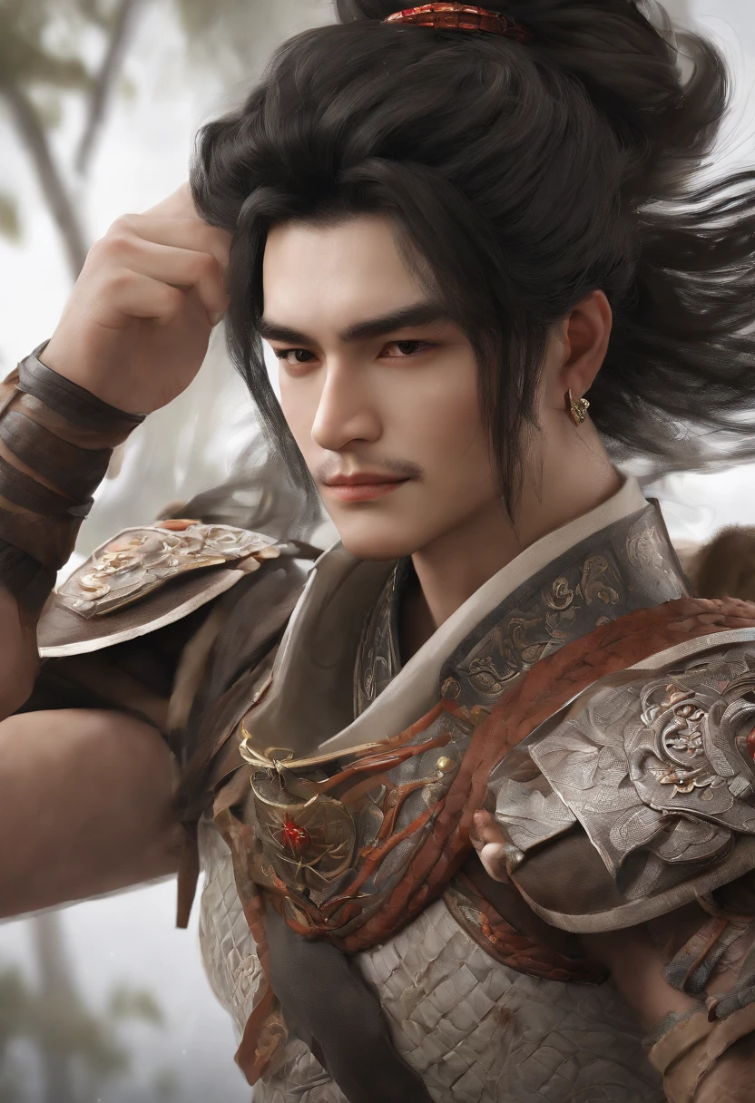 Ancient Chinese man in armor、Clever man、Looking into the camera、His hair is in a bun、Only one topknot、Black Hair、Stand and pose、Pixel art、(masterpiece, highest quality, highest quality), pixel,pixel art,whole body,Characters in Romance of the Three Kingdoms、Transform、Short Deformation、The head is decorated with white embroidery..、Handsome man in trousers