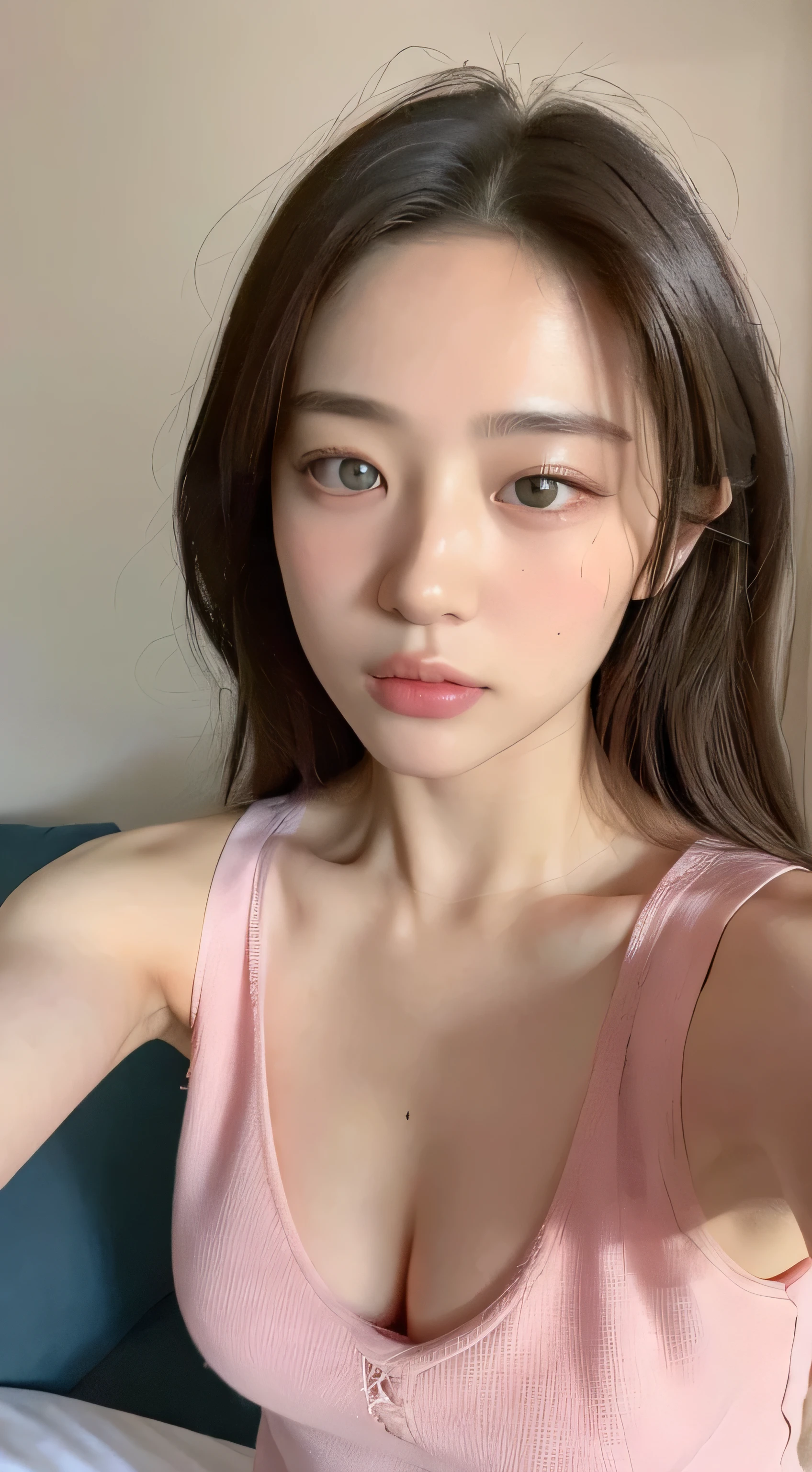 ((top-quality、8k、masterpiece:1.3))、a beauty、Hidden Face、1girl in、a beauty:1.3、Slender Abs:1.1、pink camisole vest、small tit(Sitting in bed)、hyperdetailed face、very detailed lips、A detailed eye、double eyelid、exposed small cleavage、selfie,