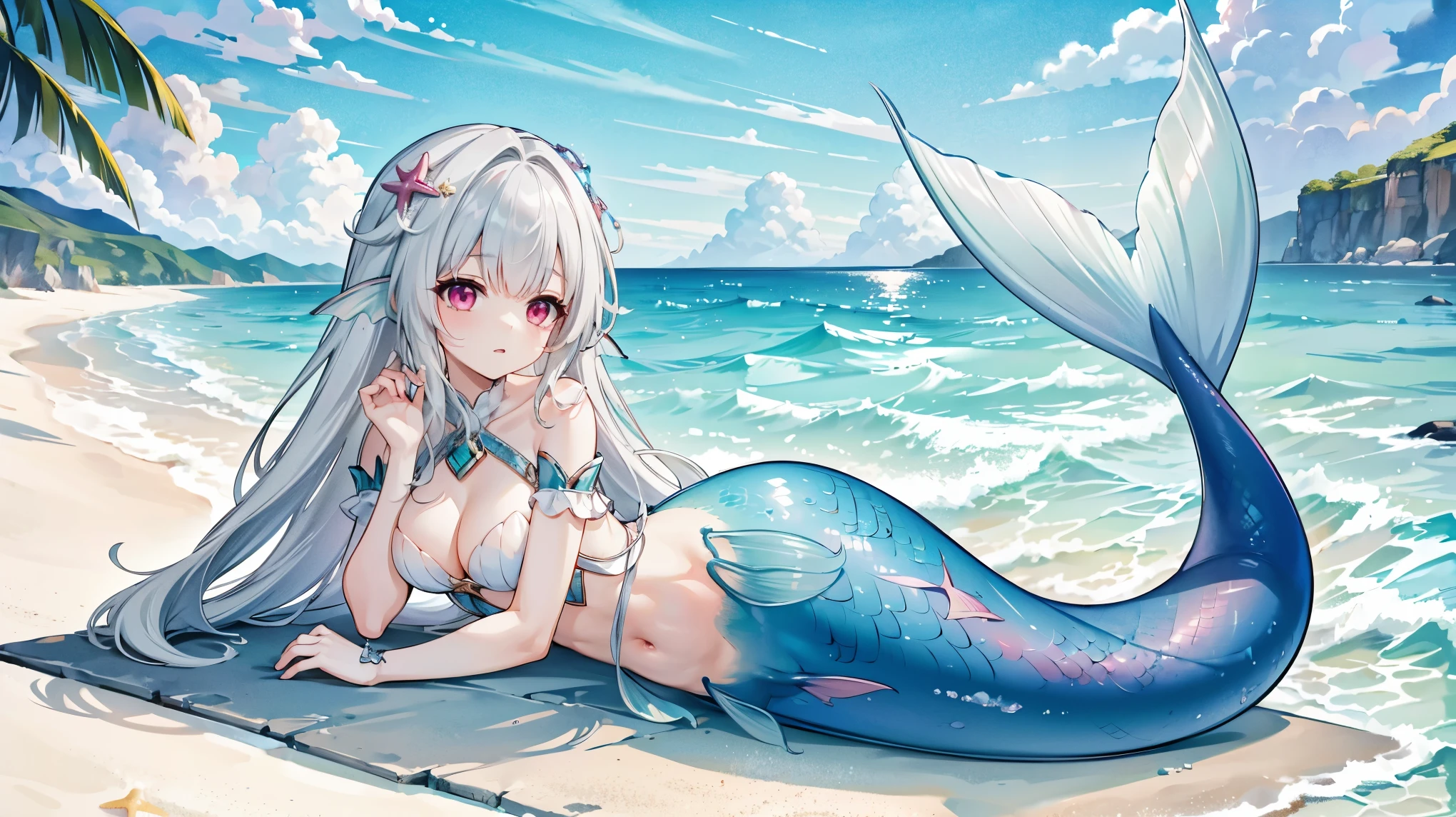 masterpiece, best quality,A girl,solo,clara \(honkai: star rail\),Large Breasts,Mermaid,浅红色的Mermaid尾巴,full-body shot,lying on a beach,Sea view