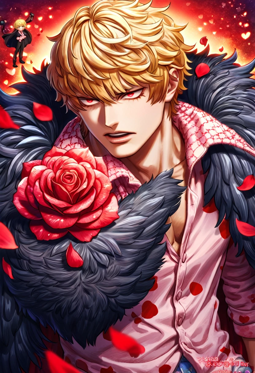 absurdres, highres, ultra detailed, HDR, master piece, best quality, Donquixote Rosinante Corazon, expressive red eyes, blonde hair, One Piece, solo, sexy man, handsome, black fur cape, pink shirt with heart patterns, magical, fantasy, red roses, red butterflies, red petals, red sky