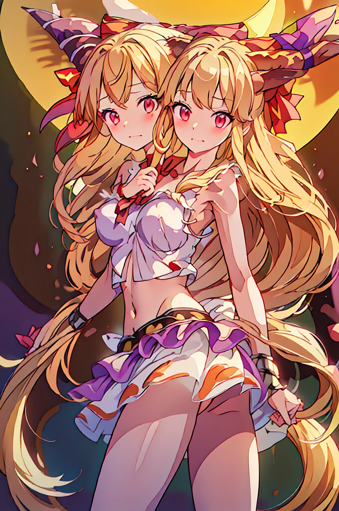 (masterpiece, best quality), best quality, (ultra-detailed), (3heads:1.5), 1girl, (suika ibuki:1.3), masterpiece, (best quality:1.5, highres, UHD), highres, absurdo, ultra detail, ultra quality, Ultra resolution, tattered pale pink top, crop top, ((stomach)), midriff, ((groin)), purple and pink skirt, normal ears, shackles, blonde hair, very long hair, wavy hair, sidelocks, red eyes, detailed eyes, parted lips, sweat, cute, toned belly, hand on own chest, eyelashes, (25 year old woman:1.3), (masterpiece:1.5), (best quality:1.5), (beautiful detailed), extremely detailed CG, extremely delicate and beautiful, depth of field, (finely detailed face), (perfect details:1.2), (mature female:1.3), wide pelvis, slender, large veiny breast, 16k resolution, very high quality, very high definition, extremely detailed, masterpiece, blonde hair, long hair, alluring presence, braid, short skirt, close up, big tits, young, two long straight oni horns on her head, decorated with ribbons, open belly, nsfw, midriff, girl with three heads,