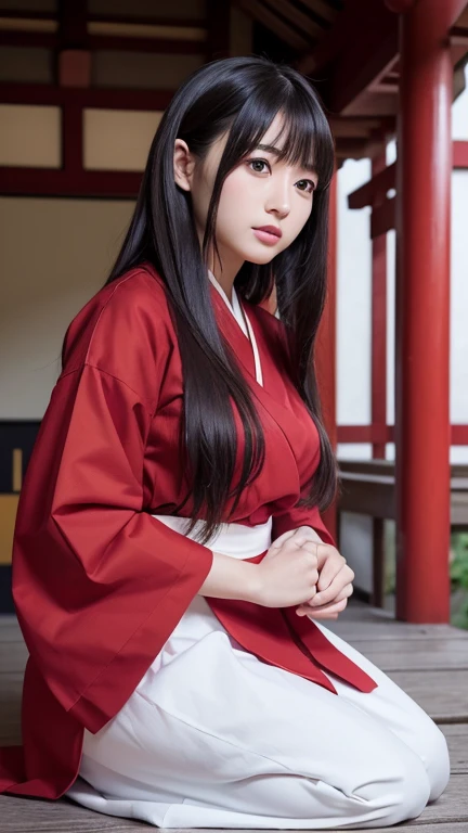 8K、Detailed Description、Very high definition、Realistic、reality的、Real、live-action、reality、High resolution、Nogizaka46、japanese idol,beautiful girl、21 years old、profile,Daytime、Snow Scene、Dark brown eyes、lower body wearing red clothes,red hakama,japanese shrine maiden outfit,shurine,Shrine grounds、Shrine maiden、Red Hakama、Shrine maidenの衣装、Mouth closed、Long Hair、Knee-up-top angle of view、Back view、look back、Very black hair、pretty girl、Beauty、Glowing Skin、Glowing Skin、Shiny Hair、Very white skin、Heavy makeup、Large Breasts、Slit eyes、Big Eyes、Double eyelids、Don&#39;t show your teeth、smile、clear