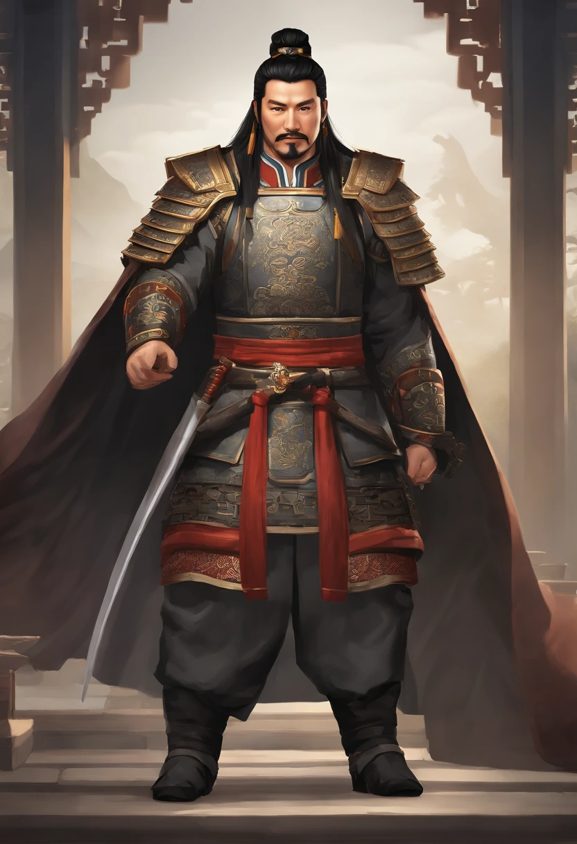 Ancient Chinese man in armor、Clever man、Looking into the camera、His hair is in a bun、Only one topknot、Black Hair、Stand and pose、Pixel art、(masterpiece, highest quality, highest quality), pixel,pixel art,whole body,Characters in Romance of the Three Kingdoms、Transform、Short Deformation、The head is decorated with white embroidery..、Handsome man in trousers