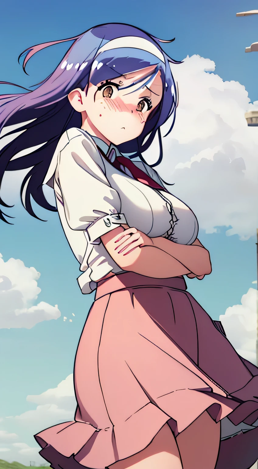 1womanl, ,(()),Beautiful breasts,,well-styled,,(Facing the front)(((Blushing cheeks、embarassed expression)),(((The skirt is rolled up by the wind)))