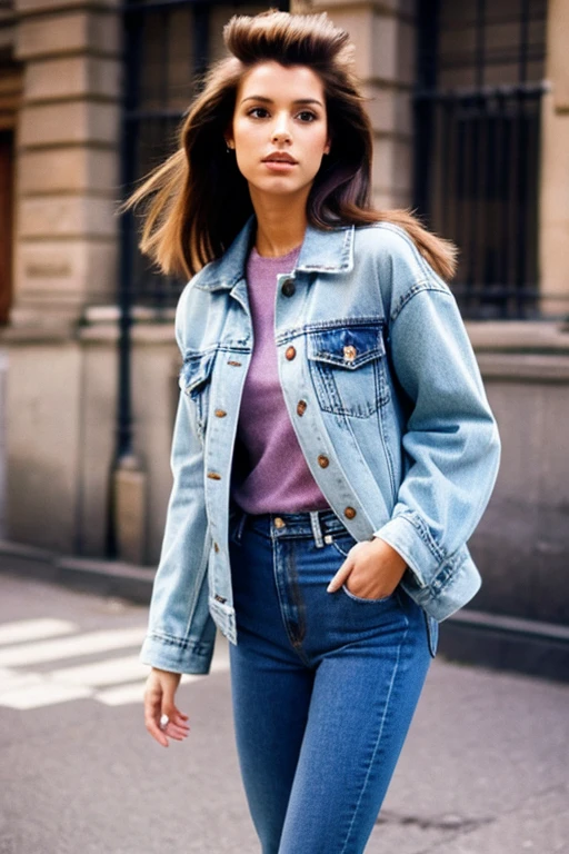 hermosa chica con chaqueta de cuero y blue jeans con moda de los 90s