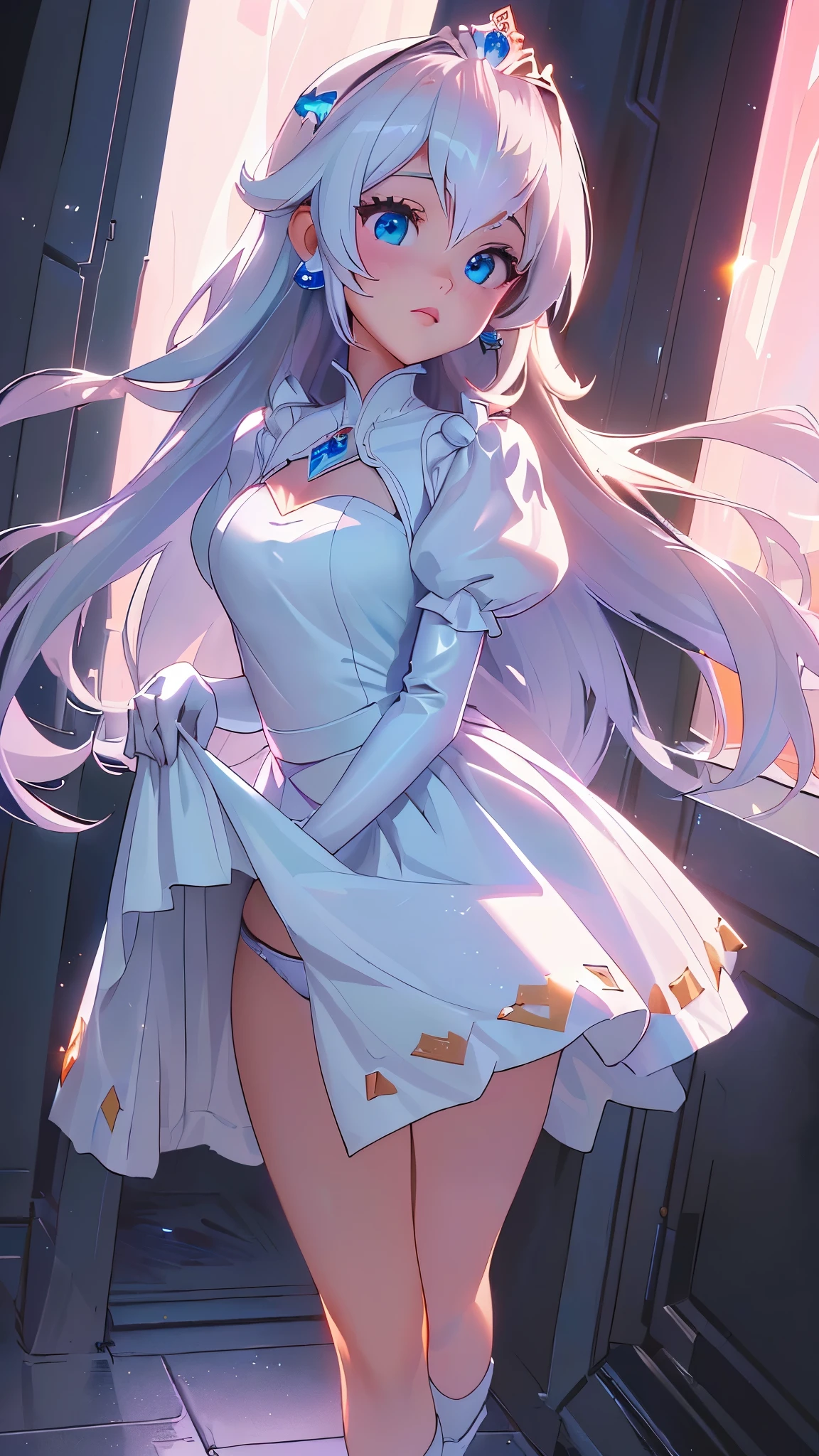 score_9, score_8_up, score_7_up, masterpiece, best quality, absurdres, vibrant, highly detailed, 1girl, adult grown woman, kiana kaslana \(honkai impact 3rd\), herrscher of finality, white hair, ahoge, ponytail, very long hair, blue eyes, symbol-shaped pupils, blush, heavy breathing, dress, worried, short dress, white dress, plain dress, linen dress, short sleeves, juliet sleeves, barefoot, heavy iron shackles on both hands, cuffs, ankle cuffs, cuffed wrists, cuffed ankles, bound wrists, bound ankles, chains connected from ceilings to shackles, dungeon, medieval prison, brick wall, torches, medieval setting