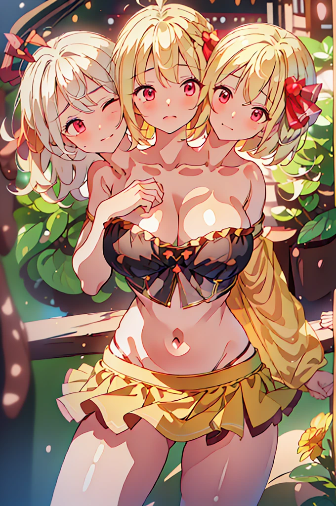(masterpiece, best quality), best quality, (ultra-detailed), (3heads:1.5), 1girl, (rumia:1.3), masterpiece, best quality, ultra quality, ultra resolution, ultra detail, black top, crop top, ((stomach)), midriff, ((groin)), black skirt, normal ears, shackles, blonde hair, very long hair, wavy hair, short hair, red eyes, parted lips, cowboy shot, open belly, sweat, cute, toned belly, hand on own chest, eyelashes, (23 year old woman:1.3), (masterpiece:1.5), (best quality:1.5), (beautiful detailed), extremely detailed CG, extremely delicate and beautiful, depth of field, (finely detailed face), (perfect details:1.2), (mature female:1.3), wide pelvis, slender, large veiny breast, 16k resolution, highres, very high quality, very high definition, extremely detailed, masterpiece, blonde hair, long hair, alluring presence, braid, short skirt, close up, big tits, young, hair ribbon, red ribbon,