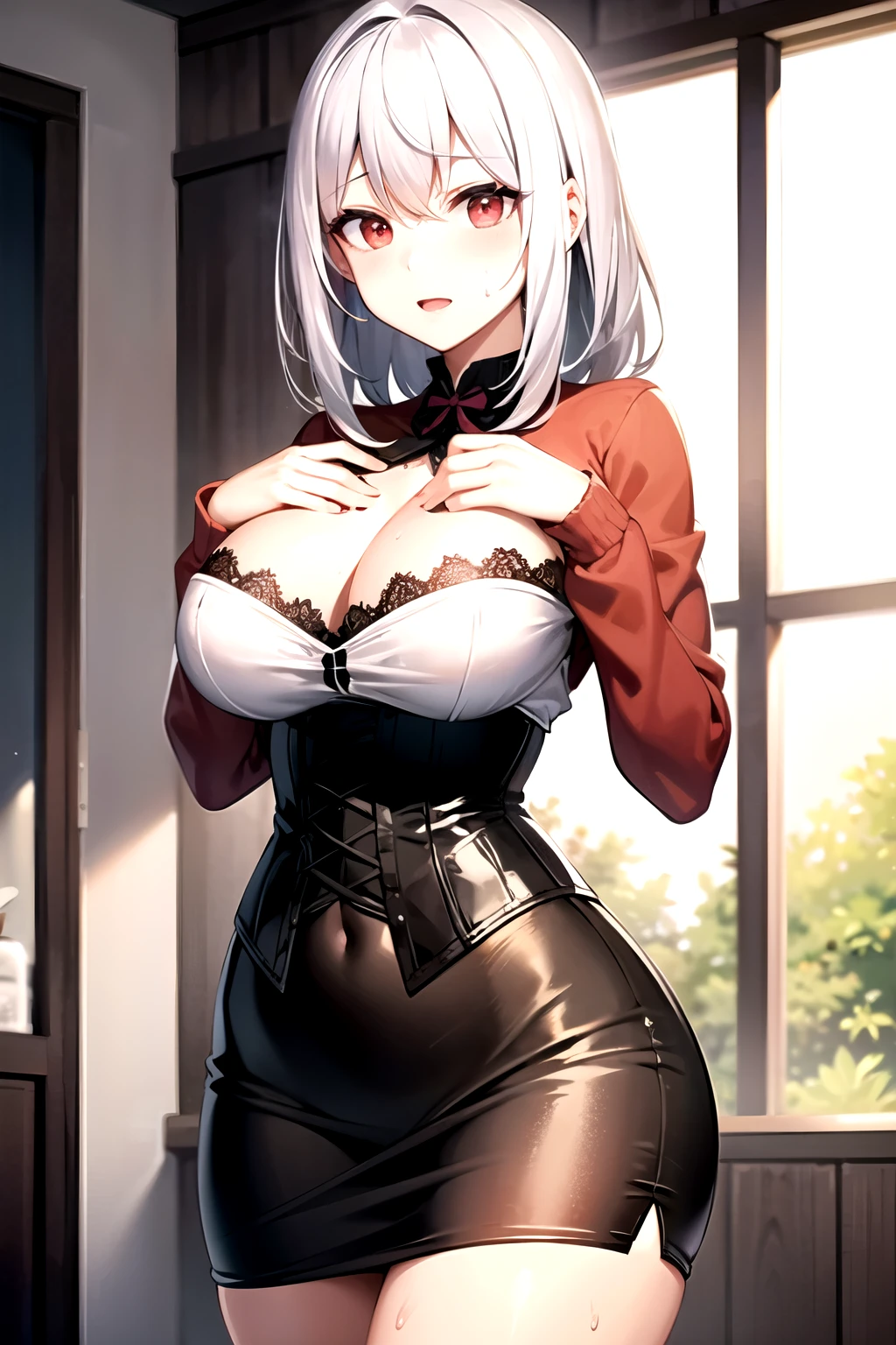 White hair,Red eyes,White shirt,Chest leak,Black corset,Black hip skirt,Ground sweat