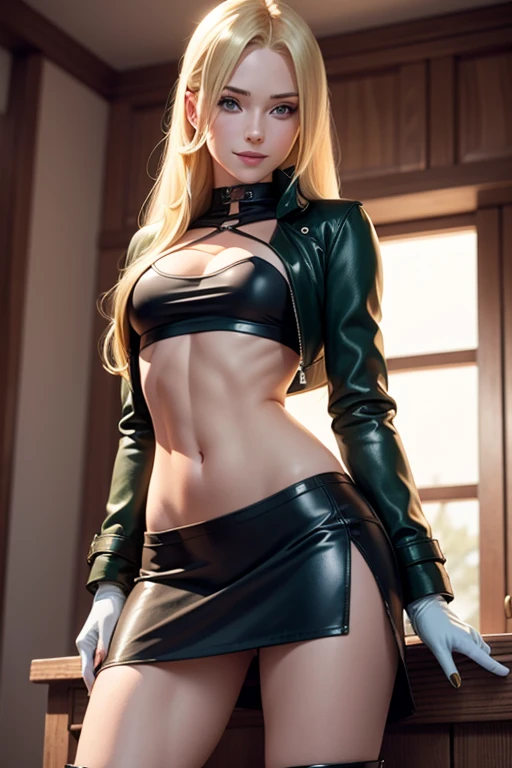 nsfwsexy, mason, back, smiling, long blonde hair and green eyes, black croptop, top, jacket, no skirt, red boots, white gloves, ...