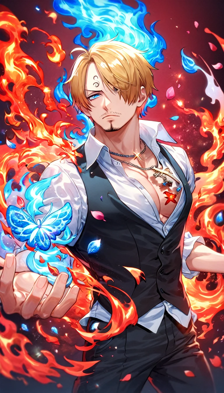 Ultra detailed, HDR, Highres, absurdres, master piece, Sanji, blond hair, expressive blue eyes, black vest, One Piece, red glittering butterflies, petals, fantasy, red flowers, sexy man, solo, handsome, glittering, toned chest, red background, neckle, black pants, white shirt, cross, magical, fire, very detailed eyes and face, best quality