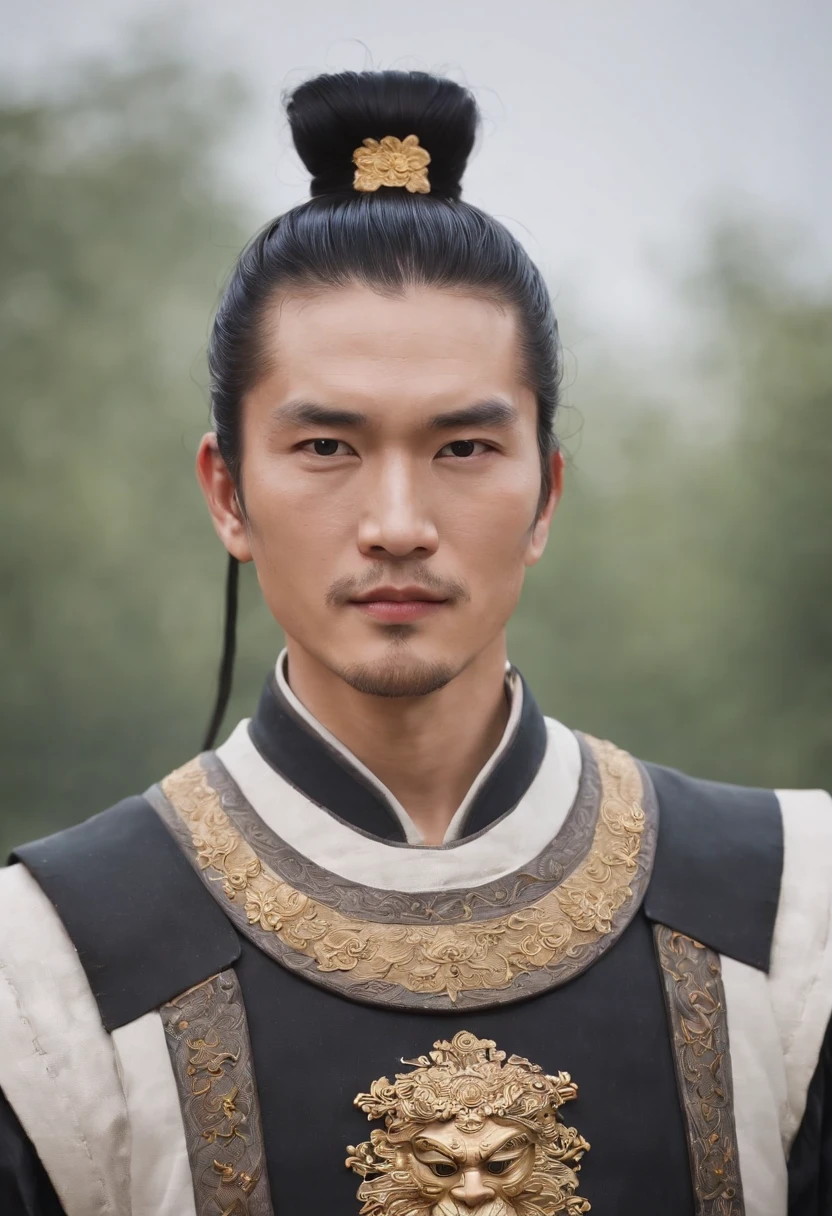 Ancient Chinese man in armor、Clever man、Looking into the camera、His hair is in a bun、Only one topknot、Black Hair、Stand and pose、Pixel art、(masterpiece, highest quality, highest quality), pixel,pixel art,whole body,Characters in Romance of the Three Kingdoms、Transform、Short Deformation、The head is decorated with white embroidery..、Handsome man in trousers