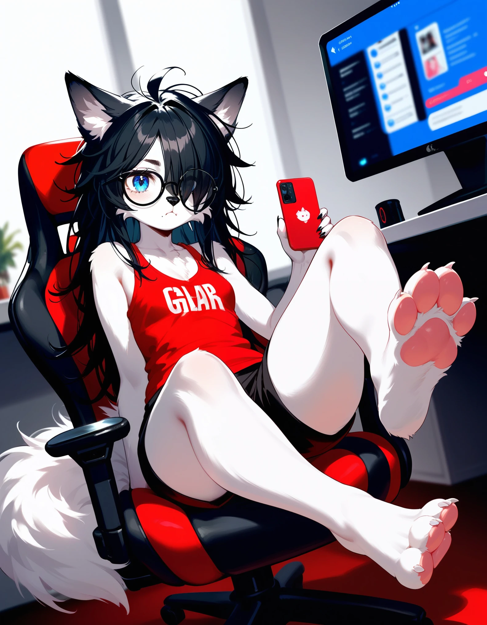 score_9,score_8_up,score_7_up, a young nerdy Anthro furry wolf girl, white furry body, tall, awkward, long black messy hair, hair covering one eye, long black hair, blue eyes, black glasses, thick thighs, small breasts, wearing loose red tank top, black short shorts, hind paws with pink paw pads, perfect soft feet, 4 toes, bored, sitting on a gamer chair, foot focus, she is leaning back, holding an iPhone,