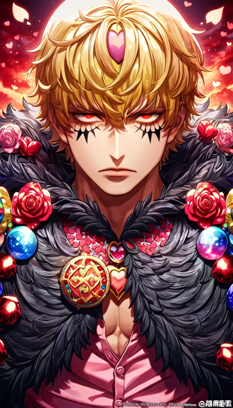 absurdres, highres, ultra detailed, HDR, master piece, best quality, Donquixote Rosinante Corazon, expressive red eyes, blonde hair, One Piece, solo, sexy man, handsome, black fur cape, pink shirt with heart patterns, magical, fantasy, red roses, red butterflies, red petals, red sky
