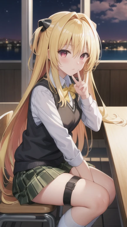 masterpiece, best quality, highres, BREAK , phyami, yamisch,  long hair,hair ornament, hair between eyes, blonde hair, very long hair,red eyes,
  ,thigh strap, sweater vest, plaid skirt, plaid, socks, pleated skirt, skirt,
/=yaminor,etached sleeves, black dress=/
BREAK
,
, BREAK ,sleepy,old cafe terrace evening, , platinum, gold, multicolored theme, , intense angle, push- up pose,looking at viewer, breasts,