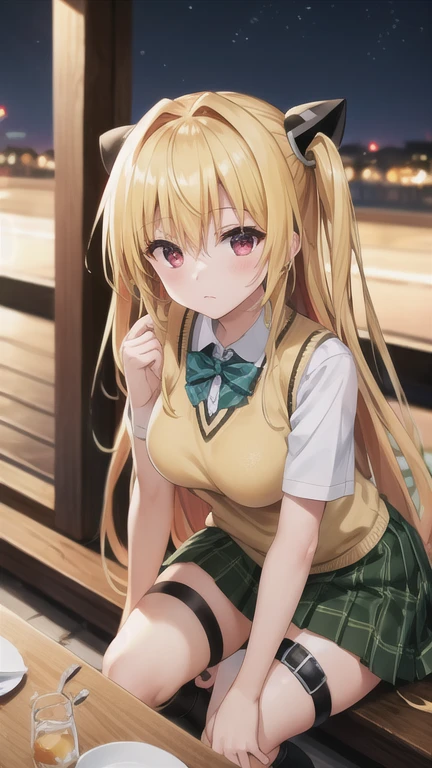 masterpiece, best quality, highres, BREAK , phyami, yamisch,  long hair,hair ornament, hair between eyes, blonde hair, very long hair,red eyes,
  ,thigh strap, sweater vest, plaid skirt, plaid, socks, pleated skirt, skirt,
/=yaminor,etached sleeves, black dress=/
BREAK
,
, BREAK ,sleepy,old cafe terrace evening, , platinum, gold, multicolored theme, , intense angle, push- up pose,looking at viewer, breasts,