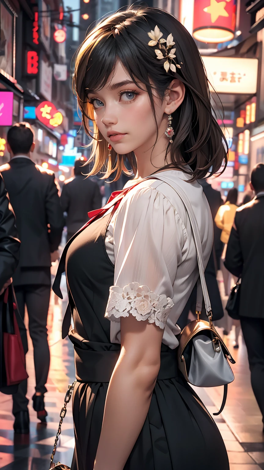 woman,Japanese,Blue Shirt,No sleeve,Realistic details, High resolution,Bokeh,Excellent details