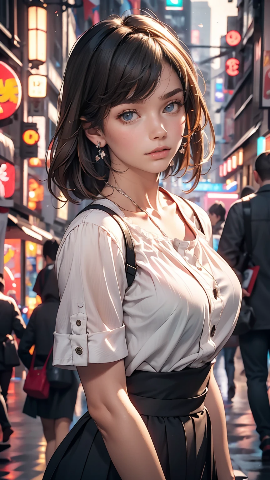 woman,Japanese,Blue Shirt,No sleeve,Realistic details, High resolution,Bokeh,Excellent details