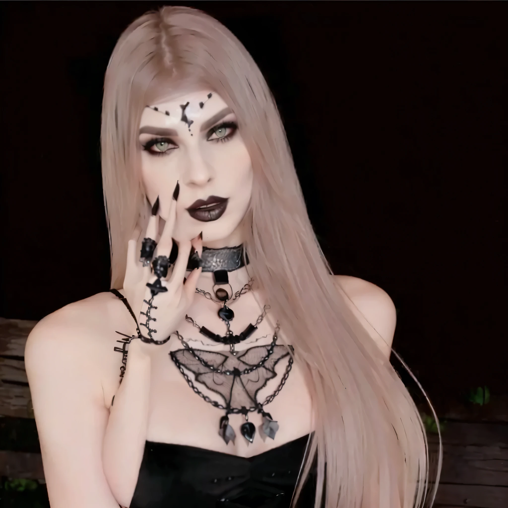 um close up de uma mulher com um vestido preto e um colar, Gothic horror vibes, ovelha, wearing Gothic accessories, neoGothic, dark gothic queen, Avatar da segunda vida, goth girl, Gothic!!, Gothic aesthetic, gothic aesthetic, Gothic face, Gothic and futuristic, darkwave gothic aesthetic, vampiro do clã theshadow, estilo Gothic, gothic vibe, Gothic chique