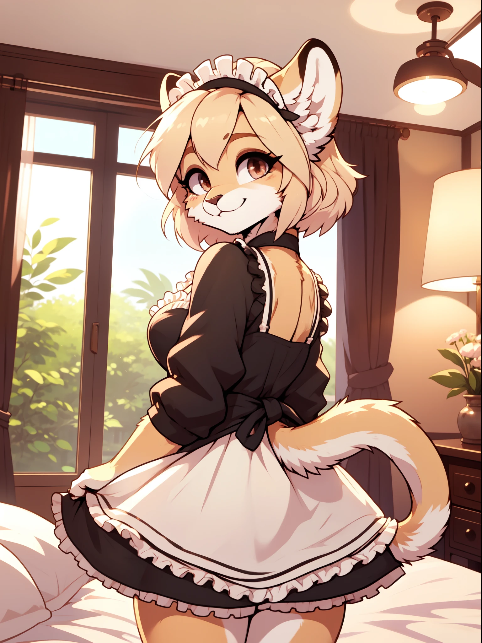 A charming and busty anthropomorphic female lioness dressed as a not so innocent and flirtatious maid. She has medium, bobbed blonde hair with blue clips and ears. She is in a alluring pose on a bed in a hotel room. She is looking happy with dreamy brown eyes and a beaming smile . She is wearing a black and white maid outfit with a cardigan, a shirt, and a skirt. Her tail is curly and long. The art has an anime flair to it. The POV is from the back, slightly above her eye level.