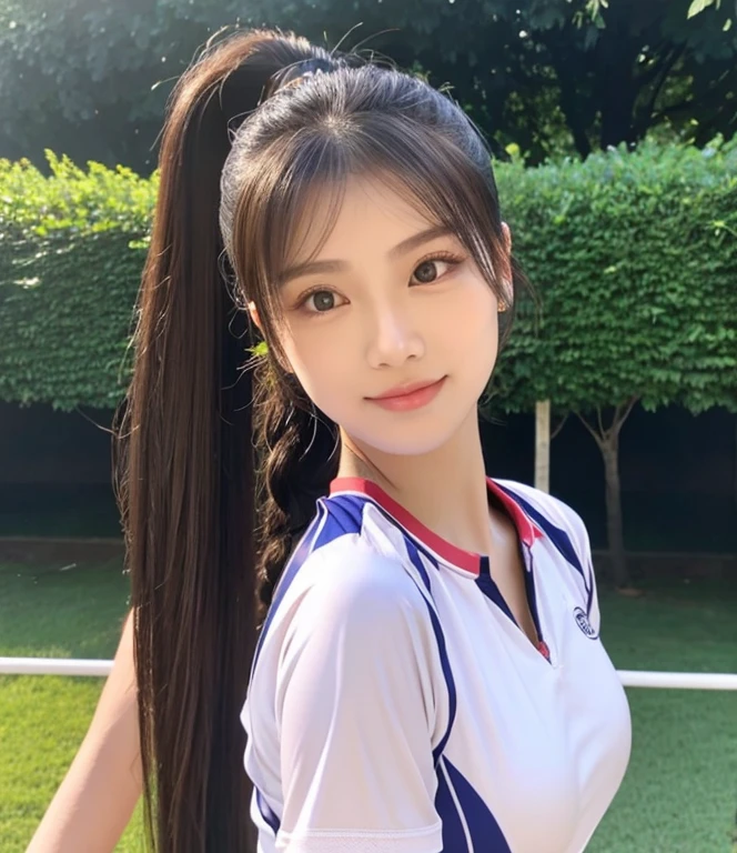 ภาพระยะใกล้ของผู้หญิงponytail, Woman wearing a volleyball shirt dark expensive silk, Thai anime girl, Chest size 36 inches, beautiful south  ponytail,) long, Flowing hair, ponytail, Korean face is so cute, Korean girl, cute korean stars, outdoor gymnasium