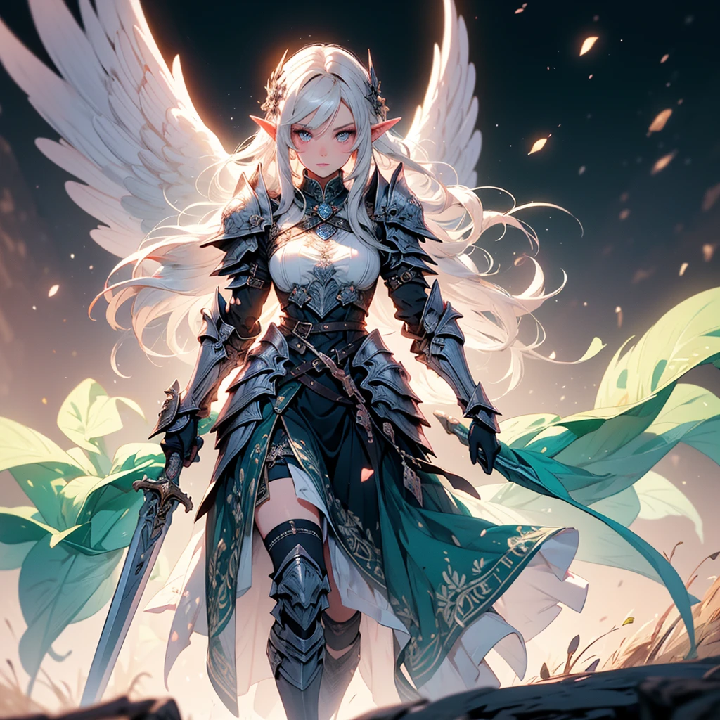 (((masterpiece, best quality, high detailed, 4k))) Design a layout showcase Gaming character, (1girl). Purple|Black clothes, stylish and unique. ((showcase weapon:1.4)), holy majestic spear. (luminous lighting, atmospheric lighting). arcane elf, ((glove full hands)), revealing clothes, vambraces, armored legwear, full body shot. {In a mystical library}. (zentangle, mandala, fractal art:1.3), maxiskirt, dress conservatively, (elf:1.2), solo, full body, wide shot, standing with white boots, holding spear down, blunt bangs, hair between eyes, white hair, golden eyes, long hair, elf ears, Valkyrie white armor, angel, chest protector, side bang, looking at viewer, dynamic pose, art style by Artgerm, by Kawacy, by Wadim Kashin, BREAK, eyelashes, eyeshadow, pink eyeshadow.
