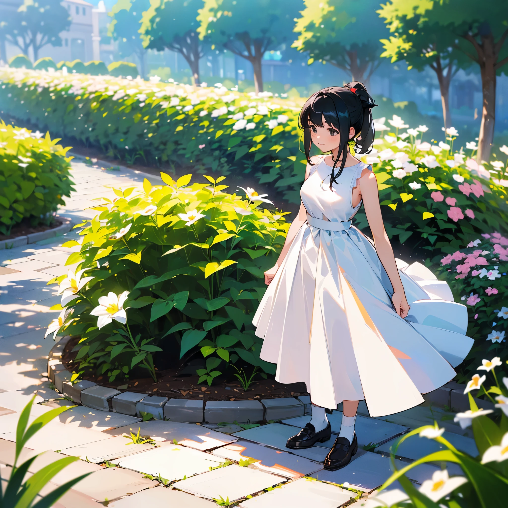 (high quality, High resolution, Very detailed, reality:1.37), Peaceful atmosphere, (Outdoor, garden), girl standing alone, (my breasts are big.), Beautiful details, Cute Smile, (Black hair ponytail), White sleeveless dress, White socks, loafers.