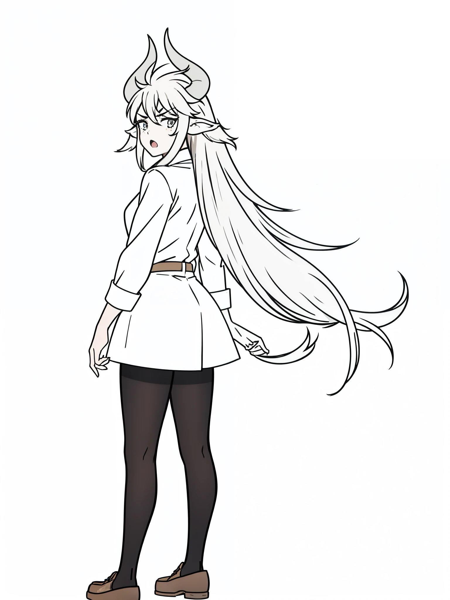 1girl,20 years old,solo,(white background,line drawing),long hair,horns,casual outfit,cow ears,(black pantyhose),serious,open mouth,walking,looking back