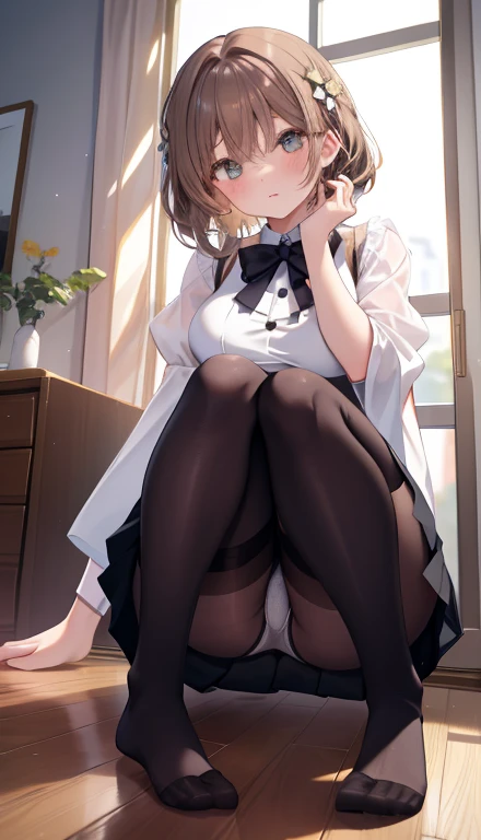 One Girl、Positive、Configuration from below、Full body portrait、Brown haired、Medium Haircut、blush、Absolute area、Knee socks、Knee-length、stockings、pantyhose、lace pantyhose、White underwear、No shoes、White pleated skirt、、Japanese high 、Summer clothes、Inside the house、Daytime、(Very big boobs)、((Full Body Lesbian))、masterpiece、(highest quality)、
Panties around the ankles
