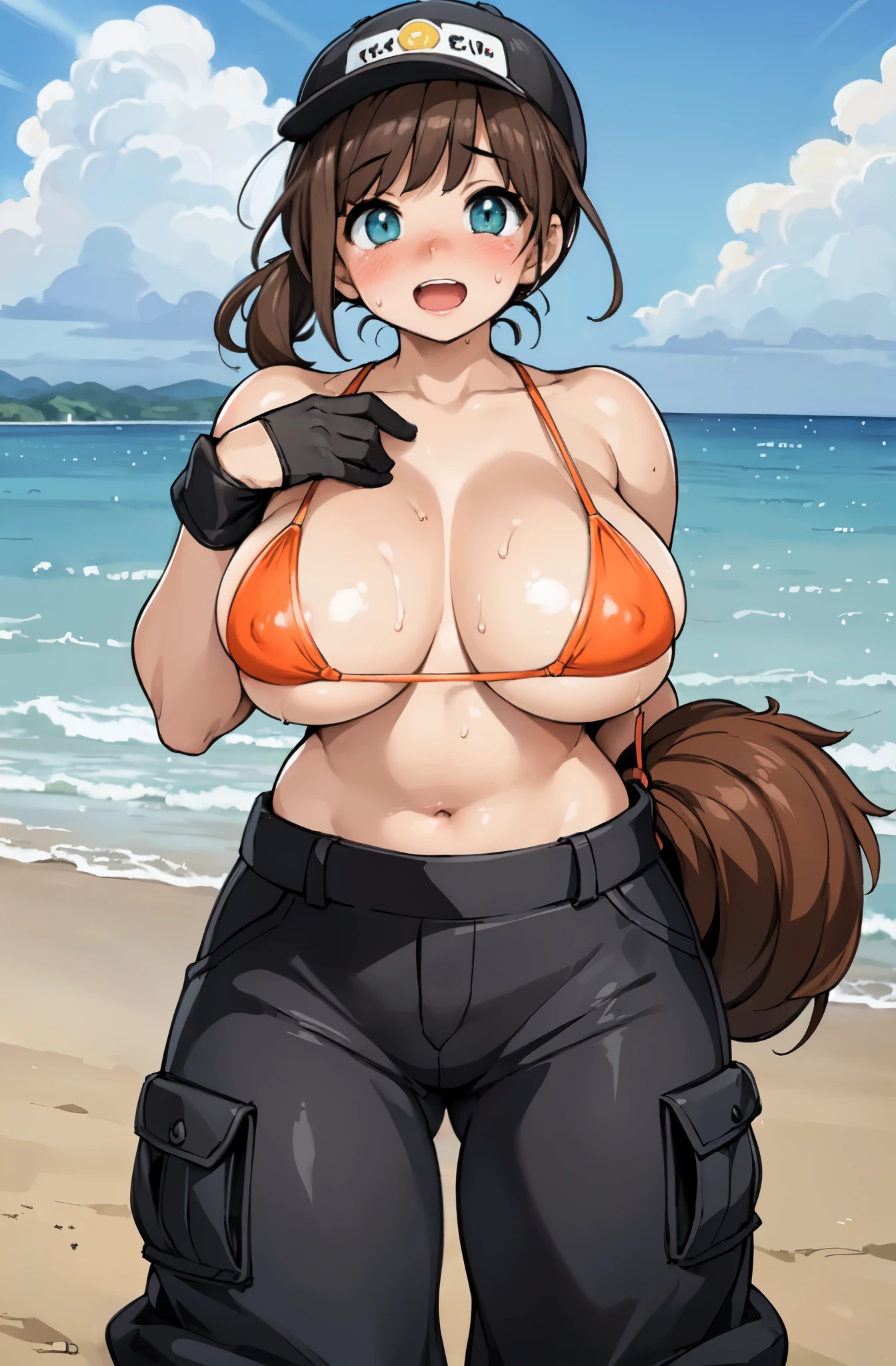 highest quality, High resolution,Anime Screen Capture, sf、Three Women、Realistic, masterpiece, highest quality, Perfect Anatomy, (Fine Eyes), ((Female mechanic, Huge breasts、Chubby)), ((vapor、Sweat, Wet))、((NsfW、Orange Bikini、Lift up your shirt、Light Blue T-Shirt、Black baseball cap、Green Cargo Pants)),Black gloves、Place your hand on your chest、Braided ponytail、Long sideburns、Short Hair、Brown Hair ,  ((blush))、(Fat belly、Wide Hips)、((((Embarrassing))))、:d、((Beach))、