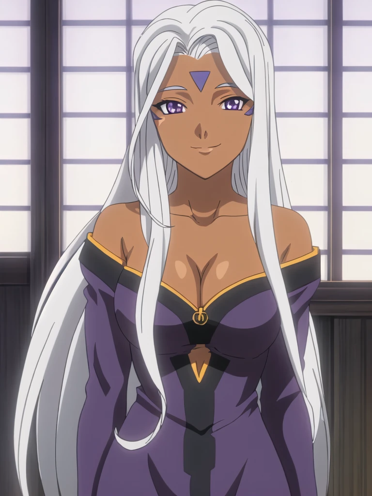 Urd, 1girl, solo, fine detail, dark skin, purple eyes, looking at viewer, smile, cleavage, standing, perfect quality, good quality, masterpiece, HDR, UHD