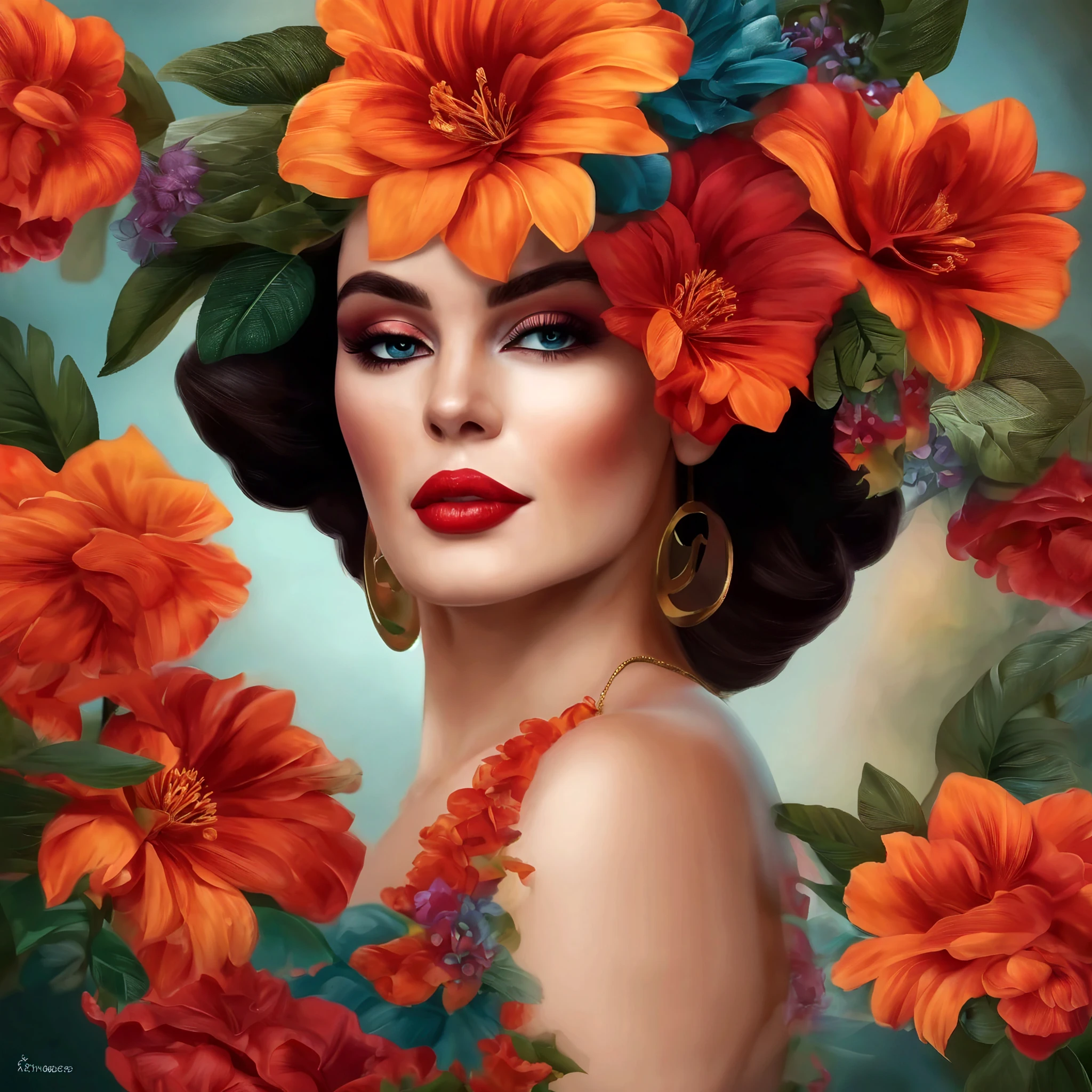 Painting of a woman with flowers in her hair and a red lip - SeaArt AI