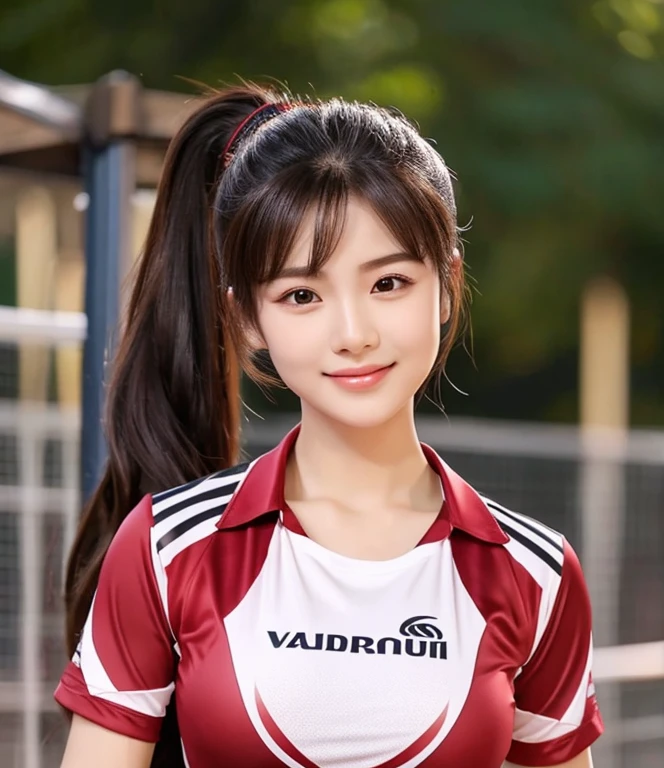 ภาพระยะใกล้ของผู้หญิงponytail, Woman wearing a volleyball shirt dark expensive silk, Thai anime girl, Chest size 36 inches, beautiful south ponytail,) long, Flowing hair, ponytail, Korean face is so cute, Korean girl, cute korean stars, outdoor gymnasium