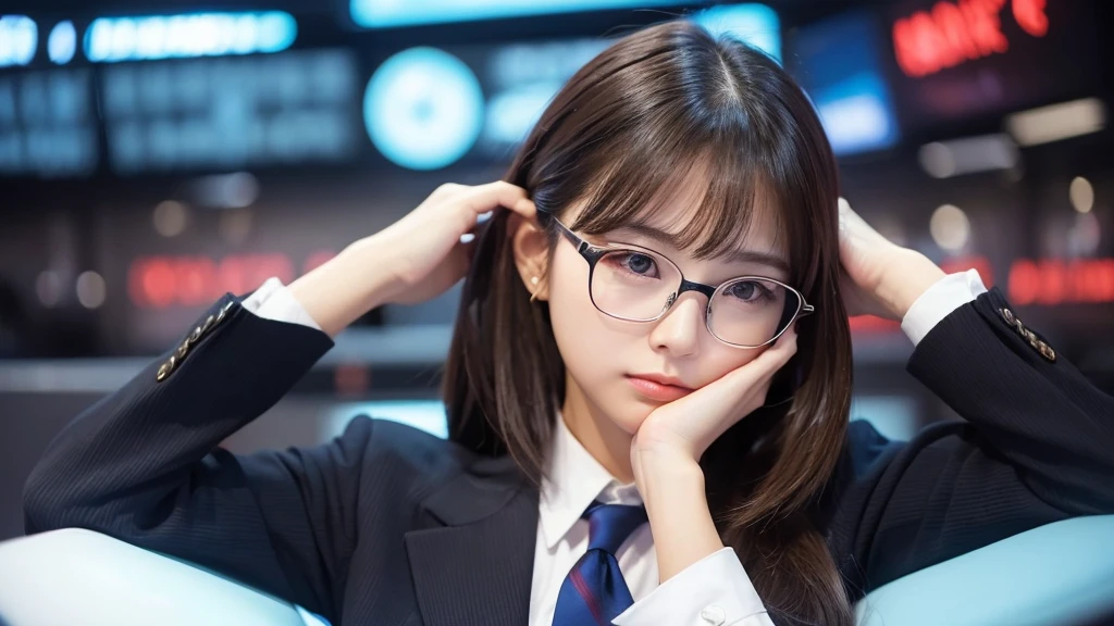 ((1 female))、Woman tilting her head、Thinking things through、Frowning、Wear glasses、Recruitment Suit、(Graph in the background)、Place your right hand under your chin、(((A woman's whole body is photographed)))、Troubled face、Background as the main、(The person is the center of the image)