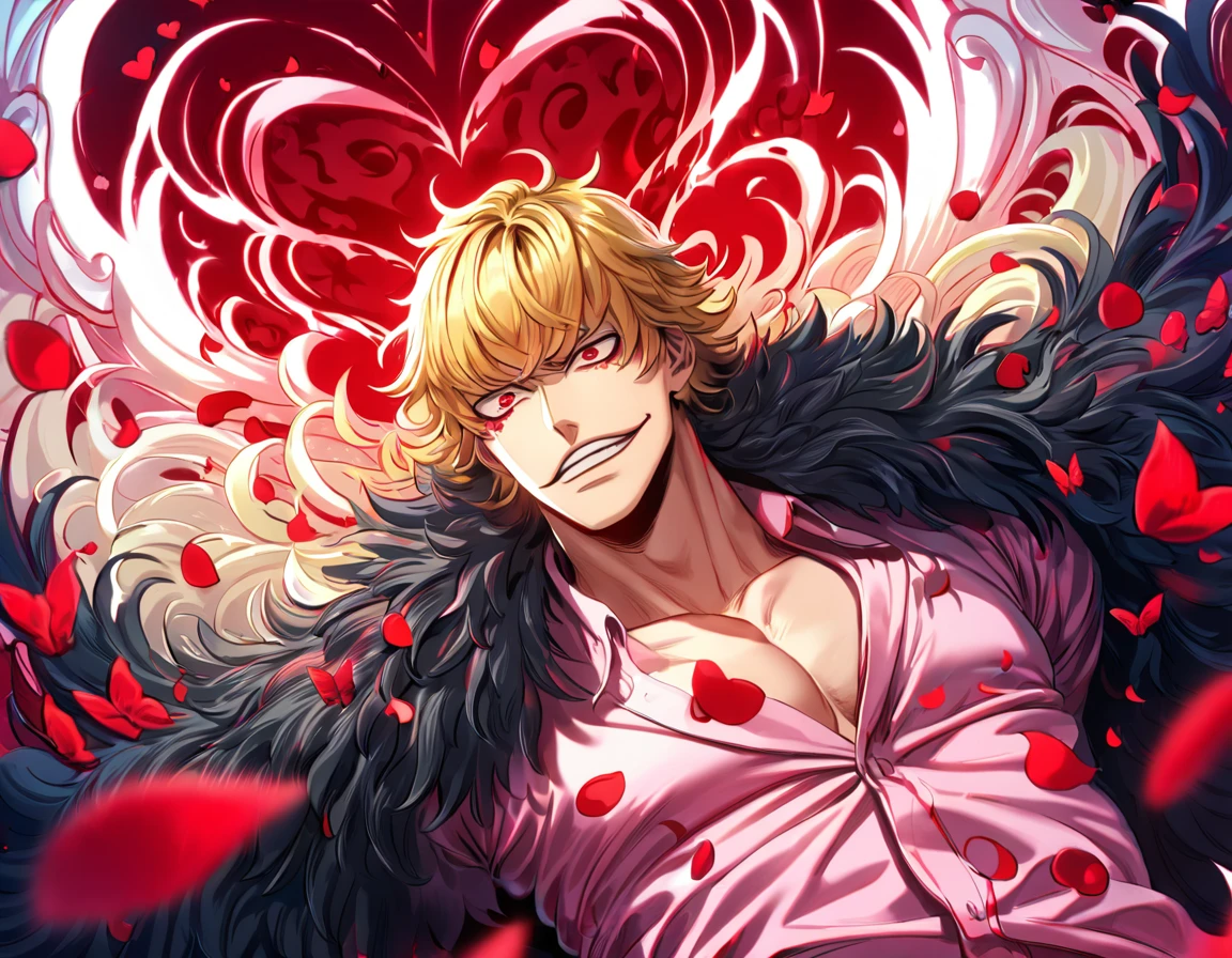absurdres, highres, ultra detailed, HDR, master piece, best quality, Donquixote Rosinante Corazon, expressive red eyes, blonde hair, One Piece, solo, sexy man, handsome, black fur cape, pink shirt with heart patterns, magical, fantasy, red roses, red butterflies, red petals, red sky