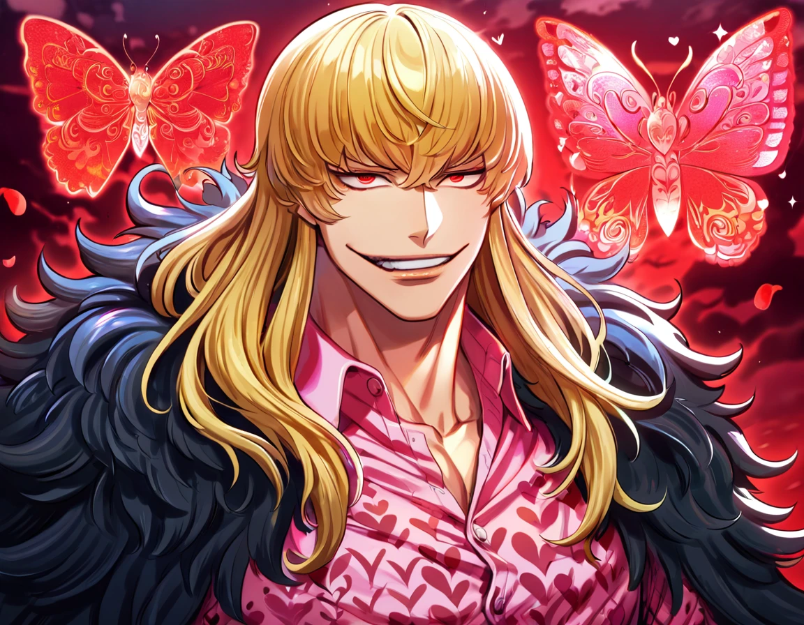 absurdres, highres, ultra detailed, HDR, master piece, best quality, Donquixote Rosinante Corazon, expressive red eyes, blonde hair, One Piece, solo, sexy man, handsome, black fur cape, pink shirt with heart patterns, magical, fantasy, red roses, red butterflies, red petals, red sky