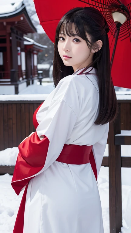 8K、Detailed Description、Very high definition、Realistic、reality的、Real、live-action、reality、High resolution、Nogizaka46、japanese idol,beautiful girl、21 years old、profile,Daytime、Snow Scene、Dark brown eyes,red hakama,white japanese shrine maiden outfit,shurine,Shrine grounds、Shrine maiden、Red Hakama、Shrine maidenの衣装、Mouth closed、Long Hair、Knee-up-top angle of view、Back view、look back、Very black hair、pretty girl、Beauty、Glowing Skin、Glowing Skin、Shiny Hair、Very white skin、Heavy makeup、Large Breasts、Slit eyes、Big Eyes、Double eyelids、Don&#39;t show your teeth、smile、clear