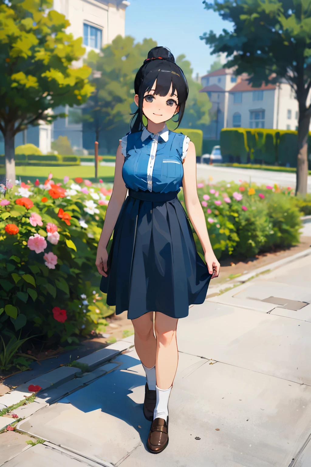 (high quality, High resolution, Very detailed, reality:1.37), Peaceful atmosphere, (Outdoor, garden), Teenage girl standing alone, (my breasts are big.), Beautiful details, Cute Smile, (Black hair ponytail), Blue sleeveless dress, White socks, loafers.
