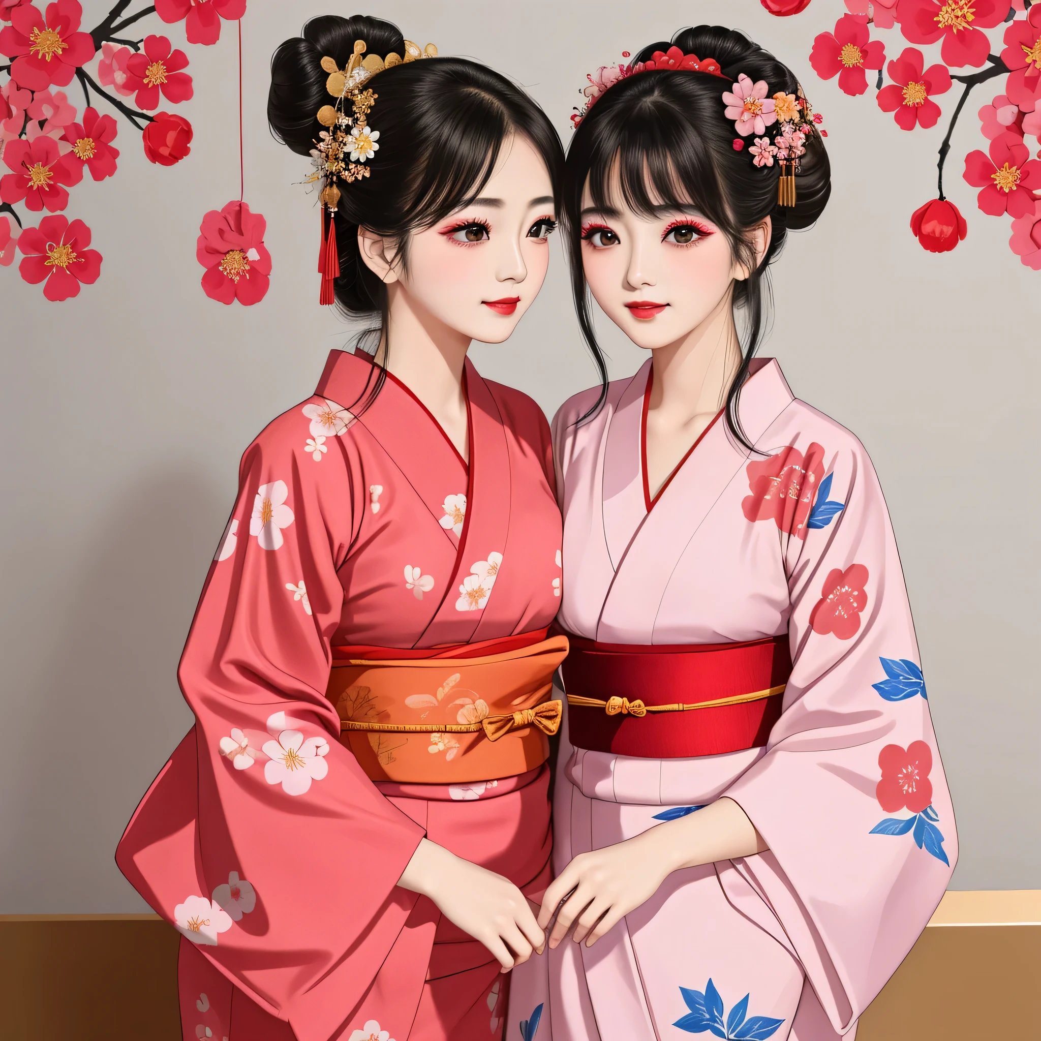 Each has a different expression2People and sisters、(2 girls)、⦅Dancing traditional arts with grace)、((Big Breasts、Small Face、Not exposed))、highest quality、masterpiece、(Black Hair、Bun Hair)、Brown Eyes、⦅Wide angle、Angle from above the waist、Pause on the magazine cover、Their gazes are different, gazing into the distance⦆、(8K High Quality、masterpiece、High resolution、Realistic and beautiful light and shadow、(highest quality)、(High Resolution)、(Very delicate and beautiful)、(Beautiful 8k face)、(With a smile、Beautiful eyes)、(Clear skin)、(Soft hair)、(8Head to Body)、(A Japanese-style yukata kimono with red, pink, orange and blue floral patterns on a white background, interspersed with gold powder、Wearing a yukata2Beautiful Japanese girls)、((Tanabata decoration background))、((Small Face))、(arms up)、Thin and small nose、(Red lipstick)、(Make your cheeks red)、(Glossy skin)、((Ink painting style))、Very thin eyebrows、Overall ultra-high image quality、(She is wearing maiko-style makeup.)、Whitening、Long and beautiful eyelashes、Glowing Skin、(Red cheeks),Straight nose、masterpiece、highest quality、whole body、 Eyebrows visible through hair、Bun Hair、Grin、Gal、Gal、Viewer's Eyes、Plaid、Stylish、woman、fine、Pause、
Waiting to start