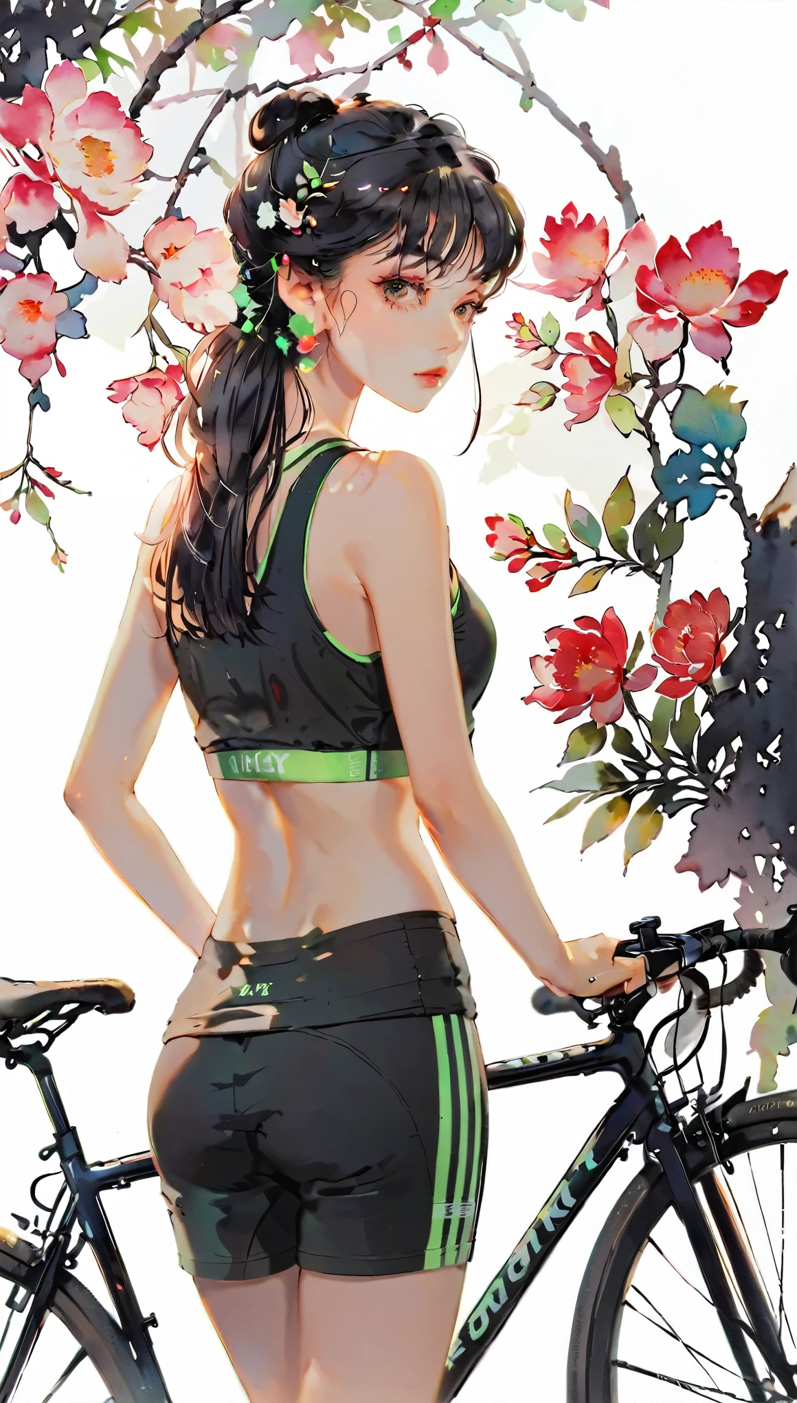 (((paper cutting style))), 1 girl, short black long hair, straight hair, sporty wear, sports bicycle, from behind
