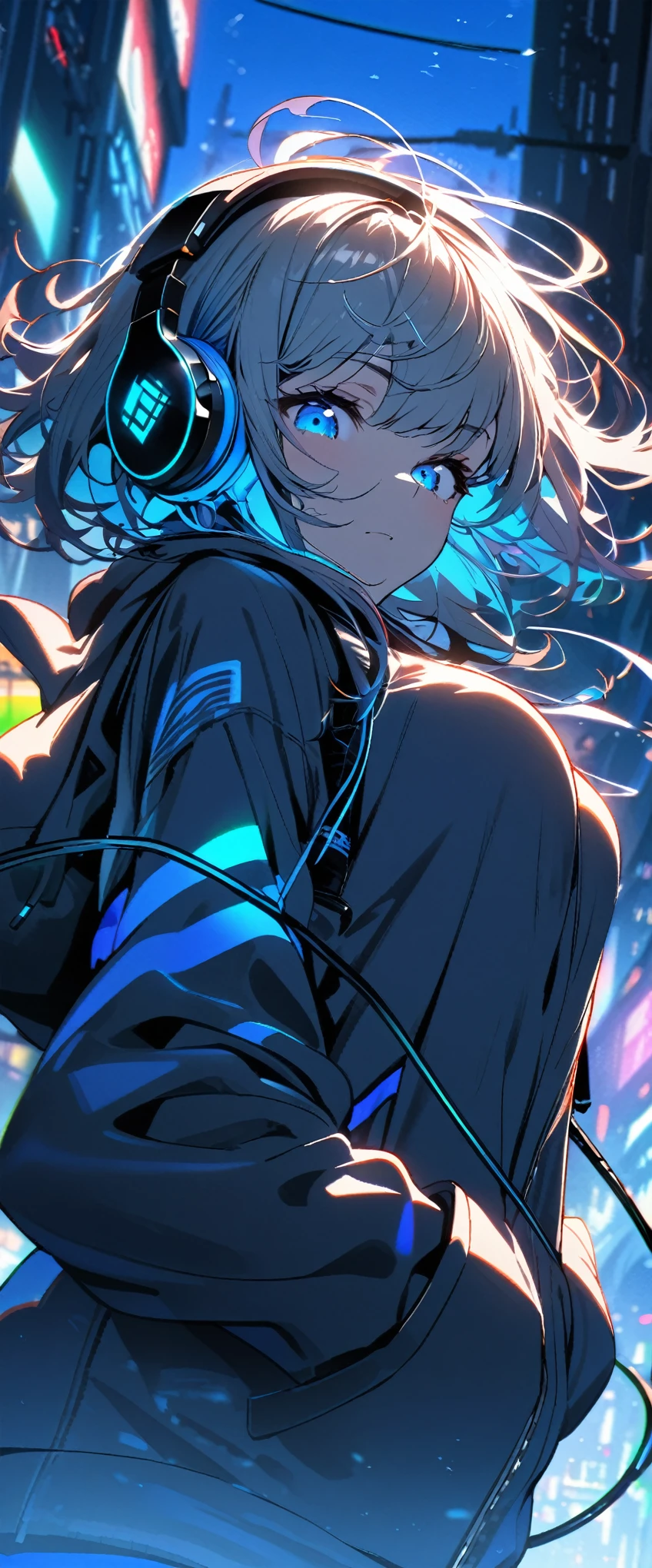 ultra detailed,1 girl, solo, hoodie, wind, looking down viewer, headphone, RGB lighting headphones, headphones with blue lighting, headphone with cable, cable floating on the air, blue lighting, city background