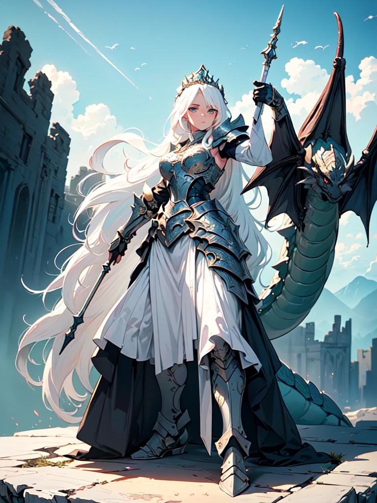 (((masterpiece, best quality, 8k)))Design a layout showcase Fantasy character, (1girl), ((mounted on a dragon)). Beautiful armor, wielding a spear, long white hair, wearing a tiara. ((detailed dragon:1.4)), white dragon, full of intricate details. (masterpiece:1.3), (best quality), 4k, ultra-detailed. (Dynamic pose, heroic stance:1.5), (dramatic lighting, atmospheric lighting). warrior, ((tiara:1.2)), (((long white hair:1.4))), spear, (((full_body_shot:1.5))). In a mystical landscape, high in the sky, with clouds and sunlight.