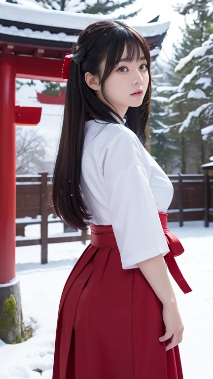 Shrine maiden、Japanese beauty miko、long sleeve white kimono 、Red Hakama Micro Mini Skirt、No underwear、A red skirt with a deep large side slit、bangs、Black long hair、shaved pussy、low angle、Raising leg, show pussy、 show pussy, sluty, standing, 1girl, solo, realistic, japanese clothes, black hair, long hair, miko,red hakama skirt, outdoors, bangs, pantyless, no panties, pantyless, no panties, pantyless, no panties, A red micro mini skirt with large side slits up to the waist, low-angle,low-angle, shaved pussy, ass, Looking back, back,Bending, show ass