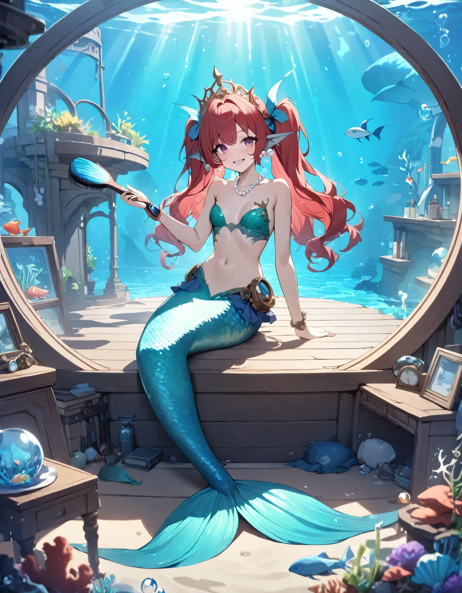 (best quality,4k,8k,highres,masterpiece:1.2),ultra-detailed, Pretty princess magically transformed into a beautiful mermaid, race swap, fantastic transformation, none human, steampunk, fish like, wet body, dominant shades of red, surrounded by small bubbles, long and detailed mermaid tail with shimmering red fish scales, long fins ears, drawn in anime style, very long pigtails red hair, sharp teeth, is smiling, pink eyes, small breast, long pelvic and dorsal fins, pair of fish gills on her torso, red seashells bra, starfish hair clips, pearl earrings and bracelets, pearl necklace, hair ribbons, gold tiara, ocean depths, embracing her new life has a mermaid, joyful expression, brushing her hair with a hairbrush, sitting in front of a mirror, inside a underwater house, sparkling water, water reflections, ethereal atmosphere, subtle glow, whimsical and enchanting, underwater world, colorful co magical underwater lighting, vivid colors, breathing underwater, floating bubbles, endless ocean depths, sunlight filtering through the water, Highly detailed, masterpiece, high quality, 4K.