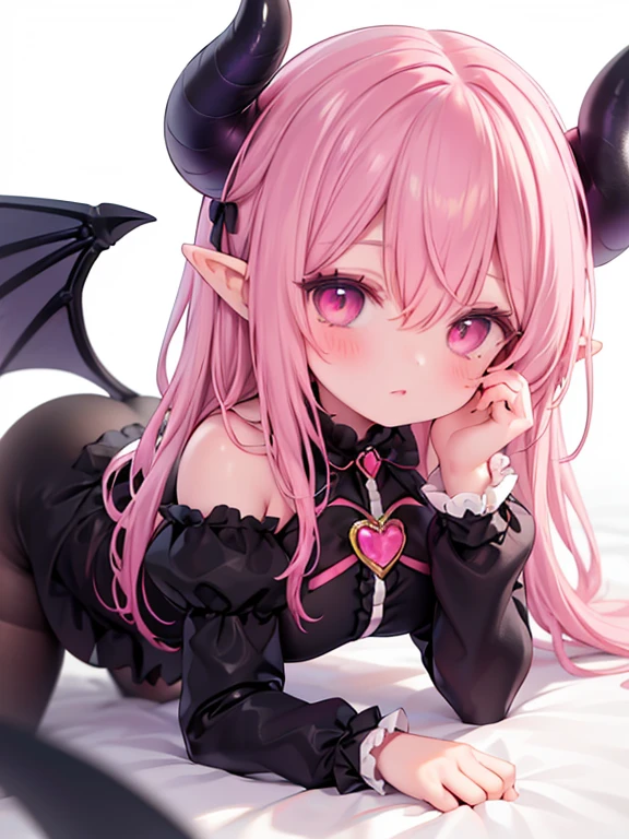 1girl,horns,wings,pink hair,pointy ears,long sleeves,white background,heart,solo focus,headpat,simple background,long hair,hair between eyes,bangs,demon wings,hair ornament,blush,closed mouth,demon girl,looking at viewer,demon horns,upper body,hands up,pink eyes,puffy sleeves,frills,dress,black dress,1other,bow,brooch,center frills,juliet sleeves,jewelry,black bow,  all_fours, on all fours, ass focus, from behing, rear view, big ass, very big buble butt,