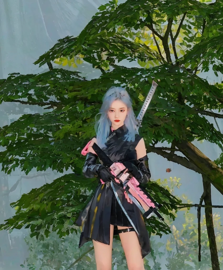 there is a woman with a sword and a pink and black outfit, realistic