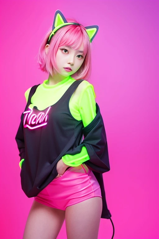 Taken with iPhone camera、Cute Japanese Women Photos、Big ample breasts、Very short bob hair、Pink hair masterpiece, highest quality, Realistic, 4K, Bokeh, Awareness-raising, (1 perfect portrait of a girl), , Cat ear, Fantasy Background, Cute clothes, Long-term alienation sleeve, Lean forward slightly, If you look up, hair ornaments , tilt your head slightly, , Cinema Lighting, Larger clothes, ((Seductive pose)), (neon pink background:1.6), close,