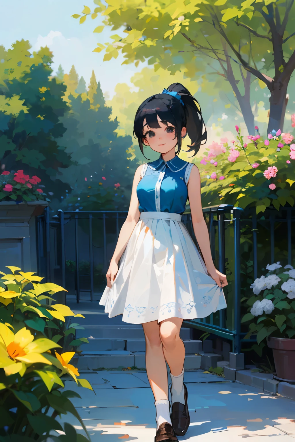 (high quality, High resolution, Very detailed, reality:1.37), Peaceful atmosphere, (Outdoor, garden), Teenage girl standing alone, (my breasts are big.), Beautiful details, Cute Smile, (Black hair ponytail), Blue sleeveless dress, White socks, loafers.