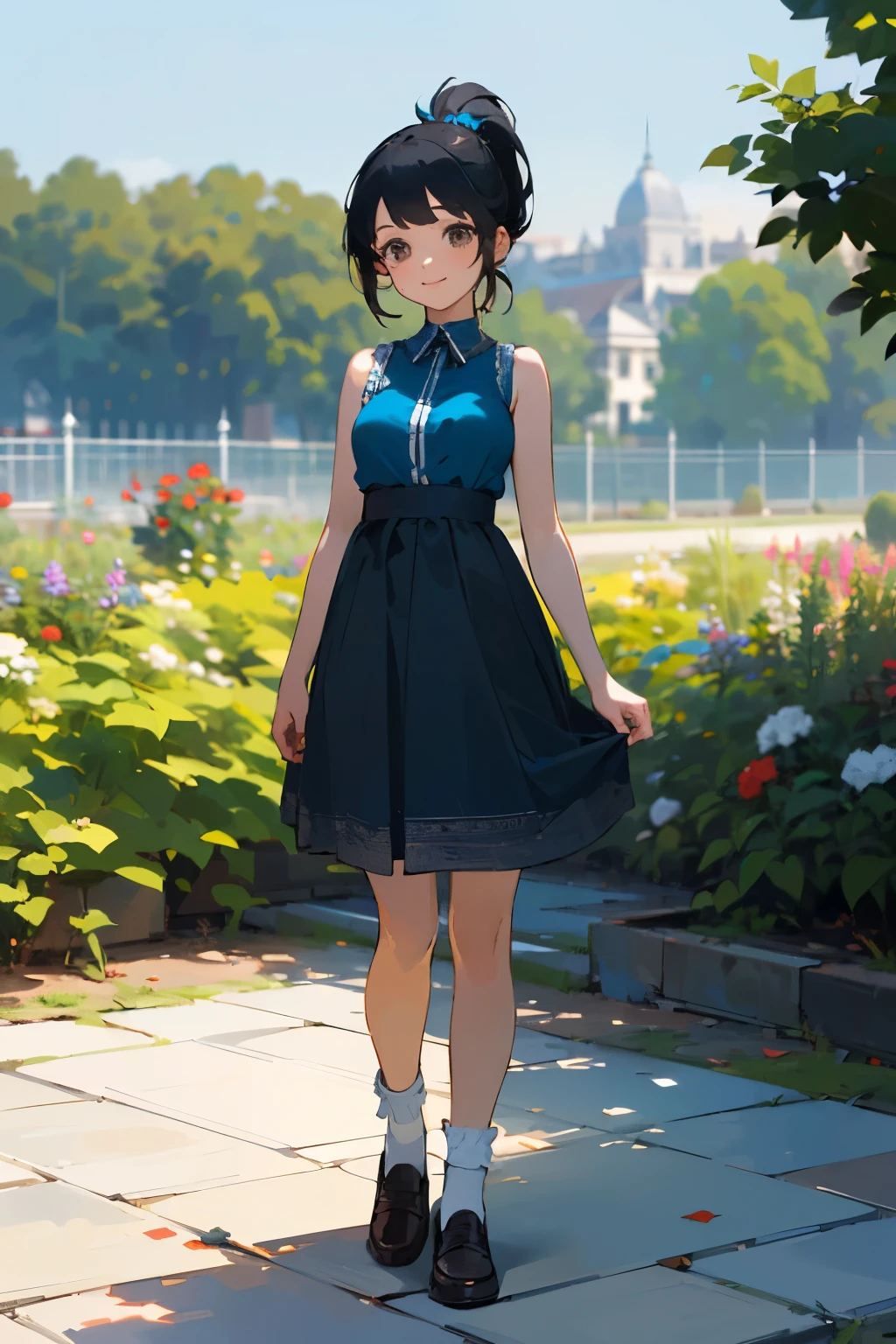 (high quality, High resolution, Very detailed, reality:1.37), Peaceful atmosphere, (Outdoor, garden), Teenage girl standing alone, (my breasts are big.), Beautiful details, Cute Smile, (Black hair ponytail), Blue sleeveless dress, White socks, loafers.