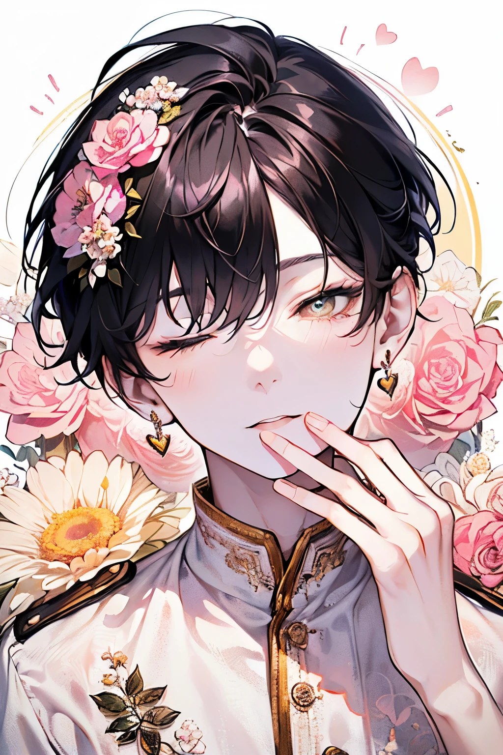 ((ars old man:1.2)), masterpiece, best quality, braid hair, black hair, (portrait),white wedding dress,(pop and cute flower pattern background), (perfect hands),(pink,yellow,white),looking front,((Large and gorgeous earrings:1.1)),(With eyes closed, waiting for a kiss:1.35),((hand to own mouth:1.2)),((upper body)),((Looking up:1.2)),((heart:1.2))